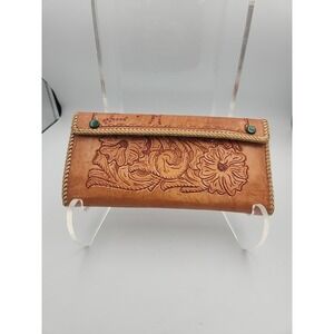 VTG Floral Hand Tooled Leather Snap Closure Purse Clutch L.H. Stamped